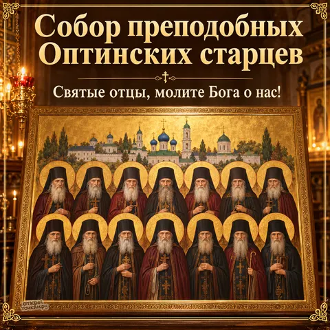 Открытка «Собор Оптинских старцев, икона четырнадцати старцев в золотой раме и свечи» — Собор преподобных Оптинских старцев