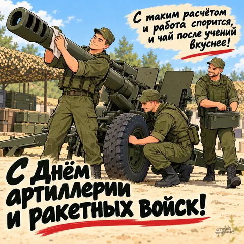 Открытка «День ракетных войск и артиллерии, расчёт обслуживает орудие в поле»