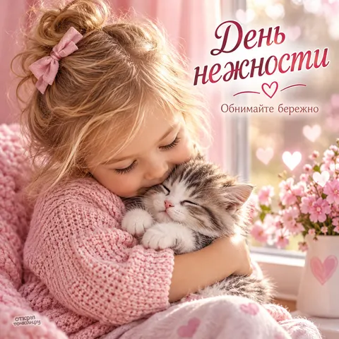 Открытка «День нежности, девочка обнимает котёнка, обнимайте бережно»