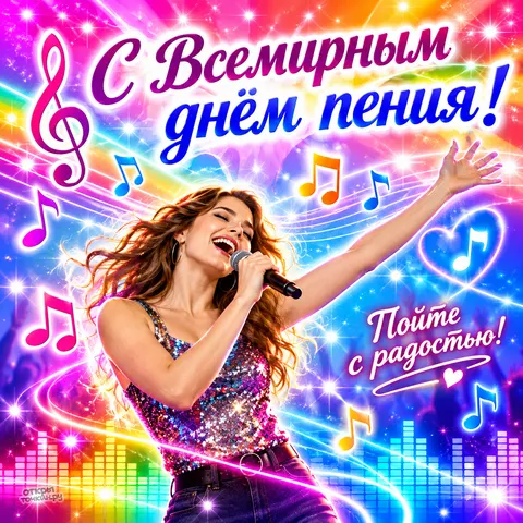 Открытка «Всемирный день пения, девушка с микрофоном на радужном фоне, пойте с радостью»