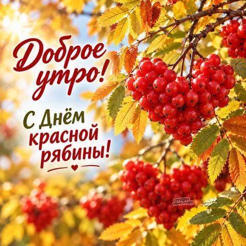 Открытка «Доброе утро, сердце из красной рябины»