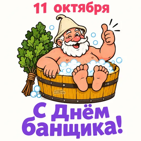 Открытка «День банщика 11 октября с весёлым банщиком в бочке»