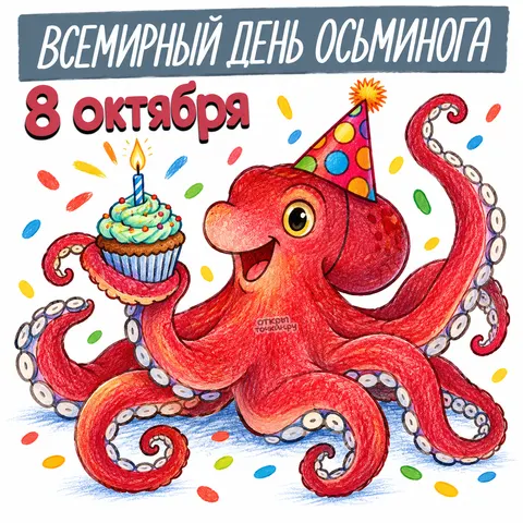 Открытка «Всемирный день осьминога, красный осьминог с праздничным капкейком»
