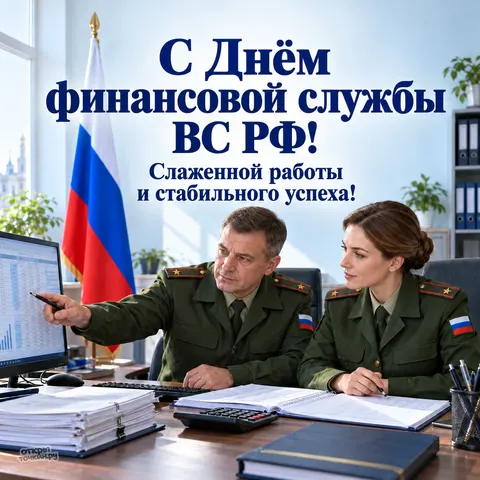 Открытка «День финслужбы ВС РФ, пара офицеров за компьютером, документы, графики и флаг России» — День финансово-экономической службы ВС РФ