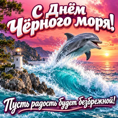 Открытка «День Чёрного моря, дельфин у маяка в волне, розовый закат, безбрежная радость»