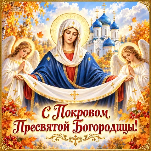 Открытка «Покров Пресвятой Богородицы, Богородица с ангелами, омофор над храмом с синими куполами, золотая осень»