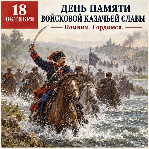 Открытка «День памяти войсковой казачьей славы, 18 октября, помним, гордимся, казаки с саблями у реки»