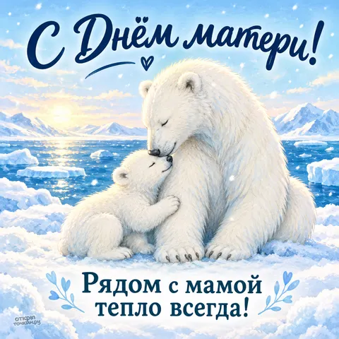 Открытка «С Днём матери, белая медведица с медвежонком»