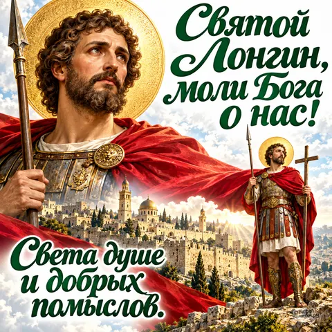 Открытка «День памяти Лонгина Сотника, портрет и фигура у стен Иерусалима, света душе и добрых помыслов» — День памяти святого мученика Лонгина Сотника
