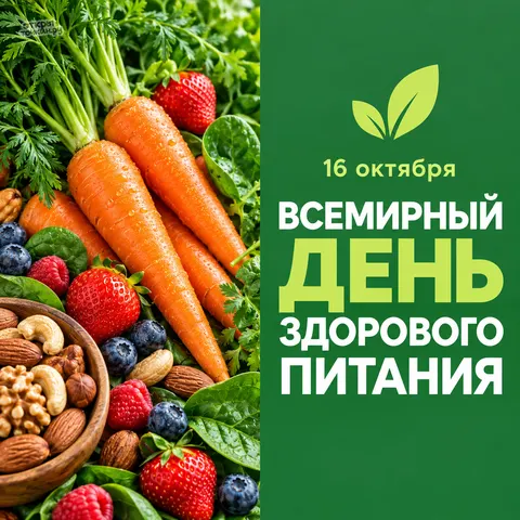 Открытка «Всемирный день здорового питания, морковь, ягоды и орехи на зелёном фоне»