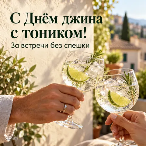 Открытка «Международный день джина с тоником, бокалы в тост на террасе с лаймом и розмарином»