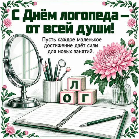 Открытка «Международный день логопеда, зеркало кубики лог и хризантема на столе»