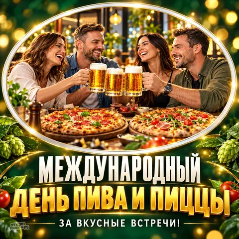 Открытка «С Днём пива и пиццы, встреча друзей за столом»