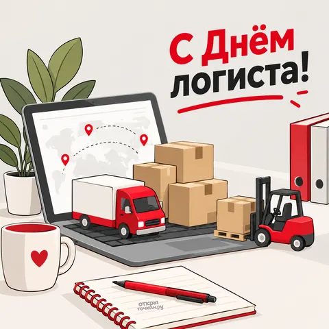 Открытка «С днём логиста, ноутбук и карта маршрутов»