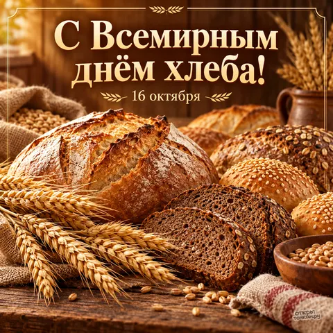 Открытка «Всемирный день хлеба, ремесленный каравай и ржаные ломтики с колосьями»