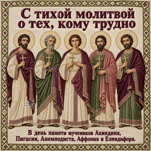 Открытка «День памяти пяти Персидских мучеников, вышитые образы пяти мучеников с крестами» — День памяти мучеников Акиндина, Пигасия, Анемподиста и прочих