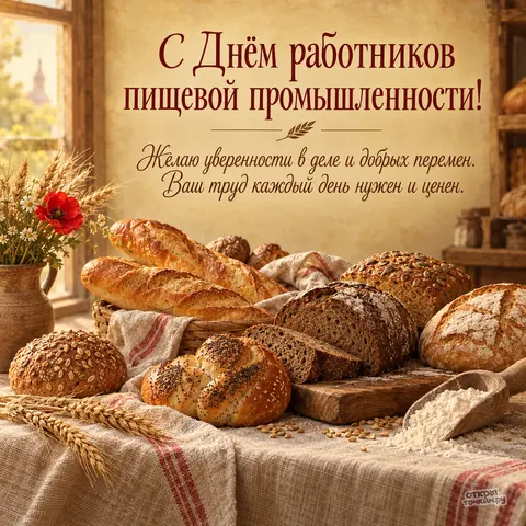 Открытка «День работников пищевой промышленности, желаю уверенности в деле и добрых перемен, хлеб и выпечка на столе»