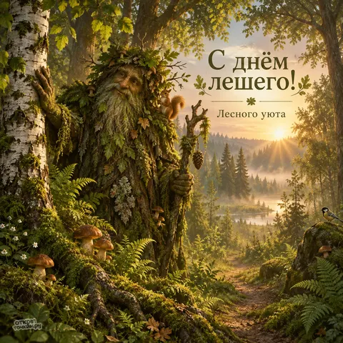 Открытка «День лешего, лесного уюта, леший у берёзы с белкой и грибами»