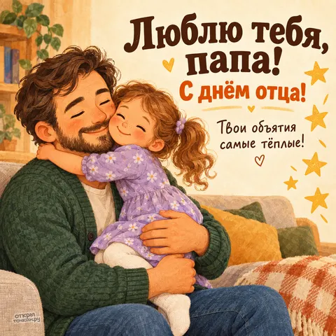 Открытка «С днём отца, дочка обнимает папу на коленях»