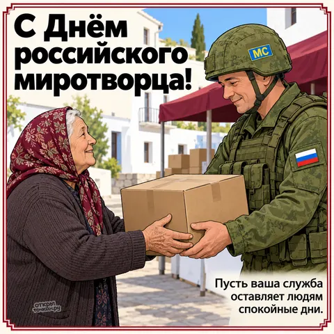 Открытка «День российского миротворца, миротворец и бабушка несут коробку помощи вместе»