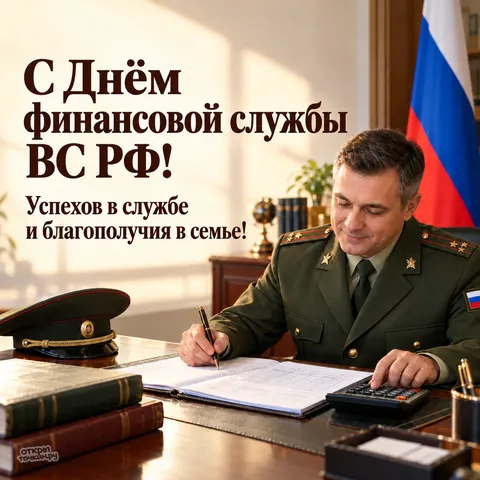 Открытка «День финслужбы ВС РФ, офицер за столом, калькулятор, фуражка, бухгалтерская книга и флаг России» — День финансово-экономической службы ВС РФ