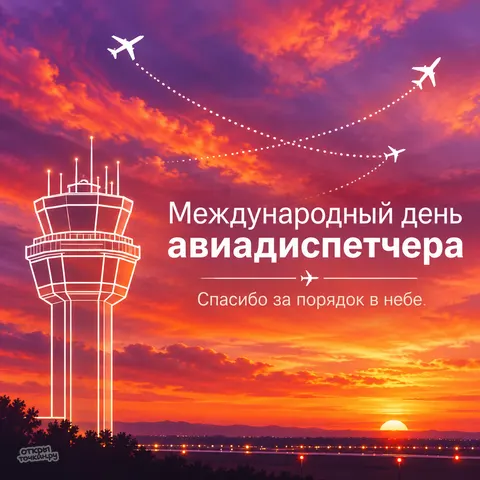 Открытка «День авиадиспетчера, контур вышки и траектории на закатном небе»