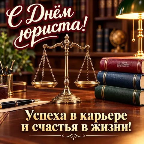 Открытка «С Днём юриста, латунные весы в уютной библиотеке»
