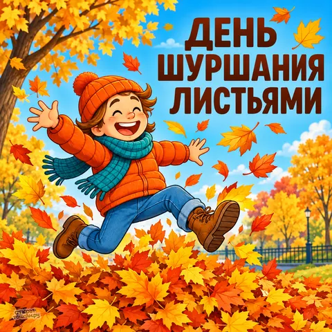 Открытка «День шуршания листьями, мальчик прыгает в осенние листья»