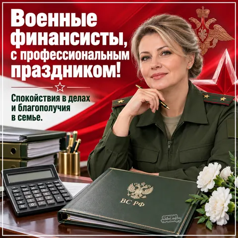 Открытка «День финслужбы ВС РФ, финансистка за столом, калькулятор, папки и белые гвоздики» — День финансово-экономической службы ВС РФ