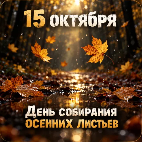 Открытка «День собирания осенних листьев, золотой листопад на лесной тропинке, 15 октября»