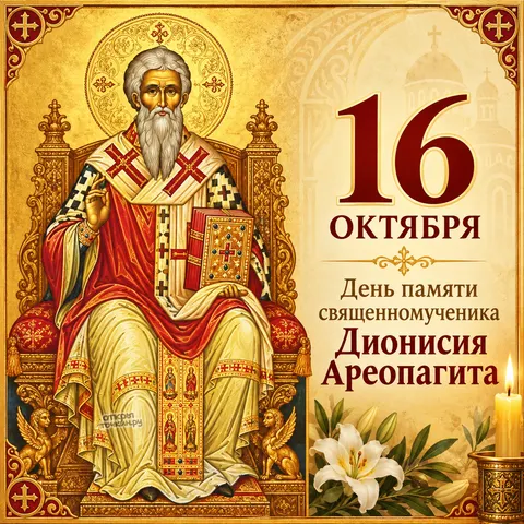 Открытка «День памяти священномученика Дионисия Ареопагита, 16 октября, икона с лилиями и свечой»