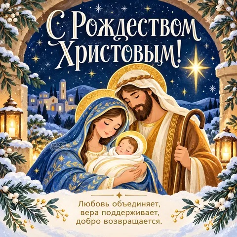 Открытка «С Рождеством Христовым, нежная иллюстрация Святой семьи под звездой»