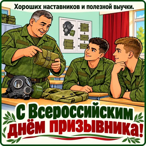 Открытка «Всероссийский день призывника, наставник учит призывников в классе»