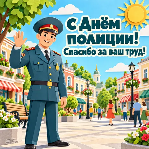 Открытка «С Днём полиции, полицейский на солнечной городской площади» — День сотрудника органов внутренних дел