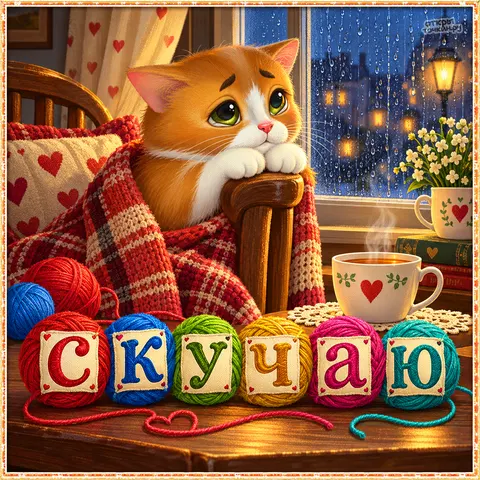 Открытка «Скучаю, грустный котёнок у окна в дождь»