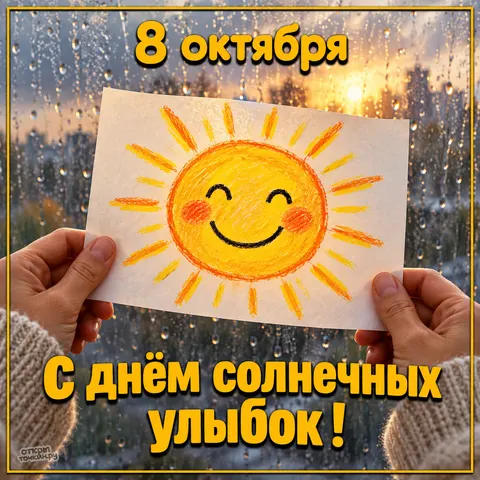 Открытка «С днём солнечных улыбок, нарисованное солнце в ладонях»