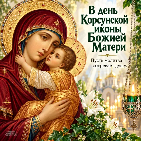 Открытка «Корсунская икона Божией Матери, икона в храме, белые лилии, лампада, пусть молитва согревает душу» — Праздник Корсунской иконы Божией Матери