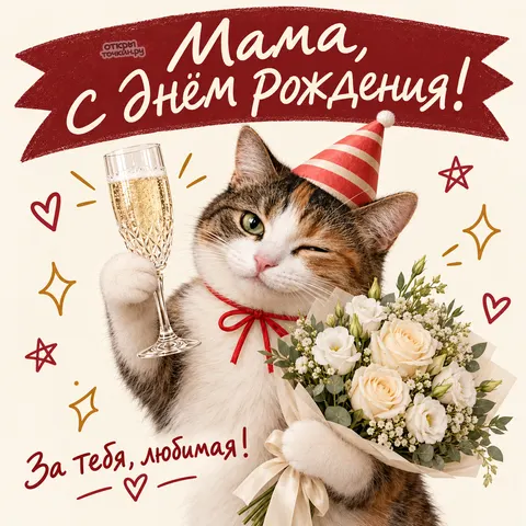 Открытка «Мама, с днём рождения! Кот с бокалом»