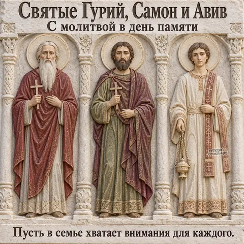 Открытка «День памяти Гурия Самона и Авива, каменный рельеф трёх святых в арках» — День памяти мучеников Гурия, Самона и Авива