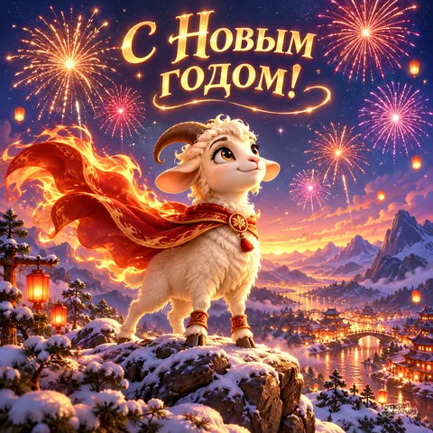 Открытка «С Новым годом, козлик в огненном плаще на горе над деревней»