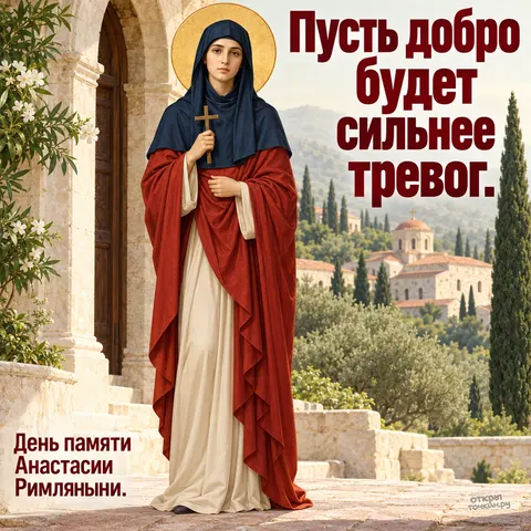 Открытка «День памяти преподобномученицы Анастасии Римляныни, Анастасия во дворе обители с крестом»