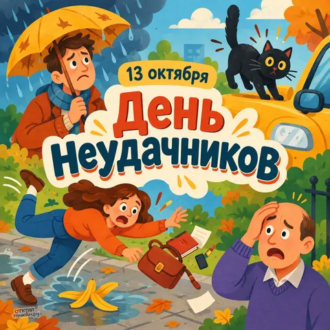 Открытка «День неудачников, чёрный кот и банановая кожура»