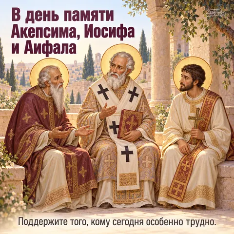 Открытка «День памяти священномучеников Акепсима Иосифа и Аифала, трое святых беседуют во дворе с кипарисами»