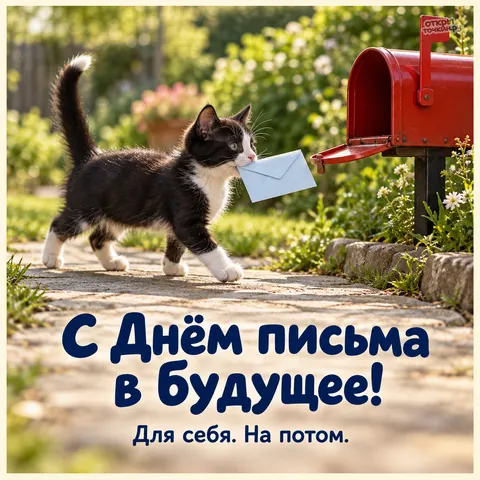 Открытка «День написания письма в будущее, котенок с конвертом у почтового ящика»