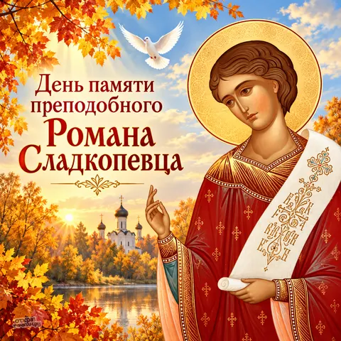 Открытка «День памяти Романа Сладкопевца, святой со свитком, голубь и храм в осеннем лесу» — День памяти преподобного Романа Сладкопевца