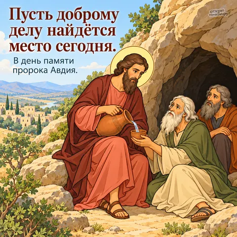 Открытка «День памяти пророка Авдия, пророк Авдий наливает воду старцу у пещеры»