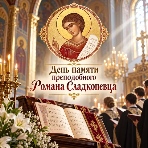 Открытка «День памяти Романа Сладкопевца, хор и ноты на аналое в освещённом храме» — День памяти преподобного Романа Сладкопевца