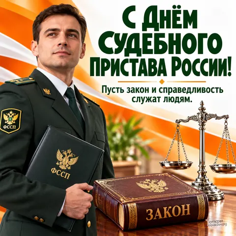 Открытка «День судебного пристава, пристав с папкой, книга Закон и весы правосудия»