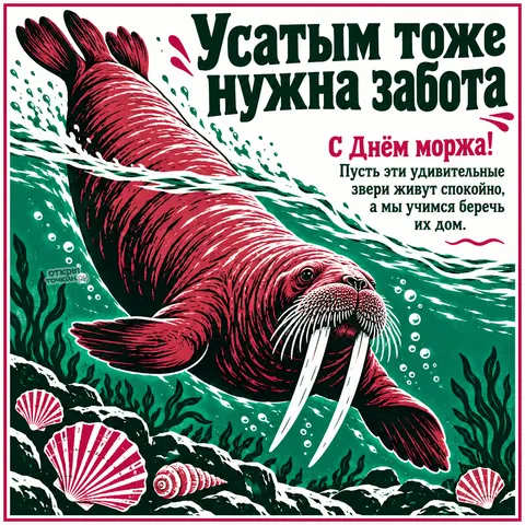 Открытка «День моржа, Морж под водой среди водорослей»