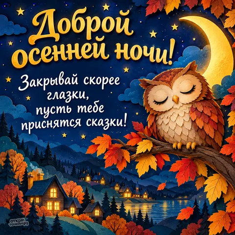 Открытка «Доброй осенней ночи» — сова на ветке